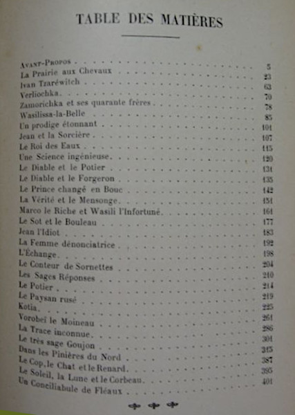 Contes populaires russes, 1913. Sommaire